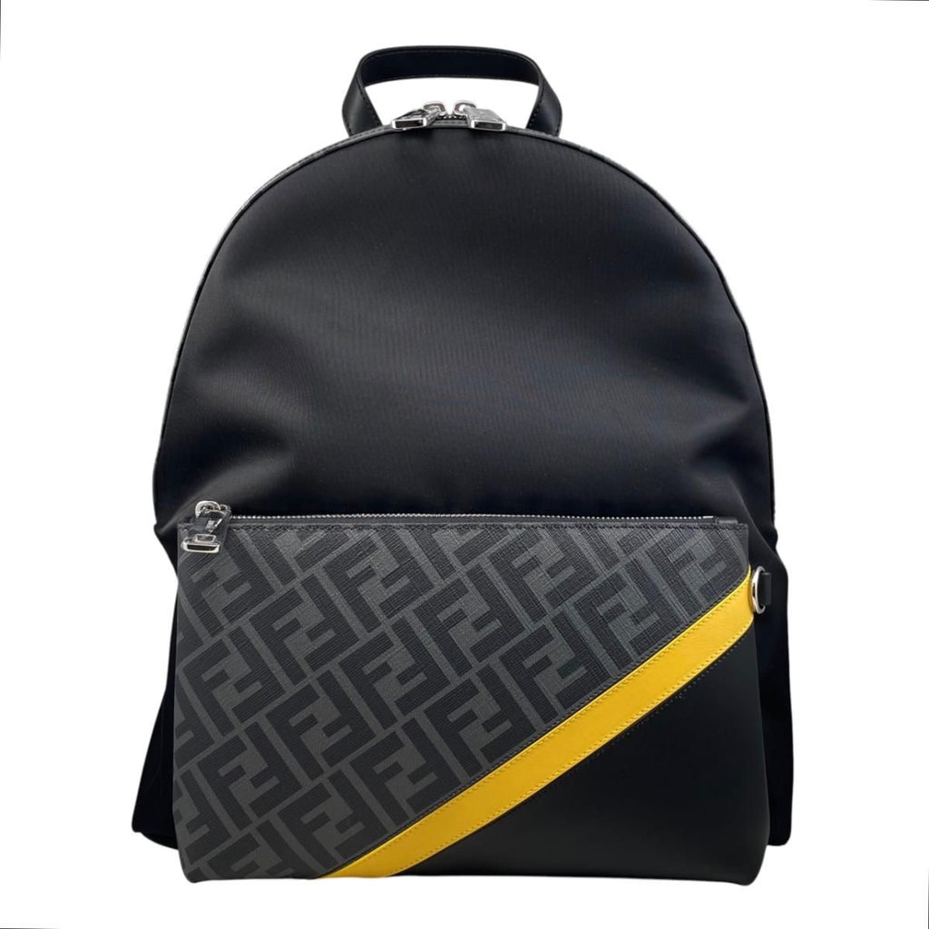 Fendi Backpack Zucca Pattern Leather Nylon FF Logo Black Gray Yellow