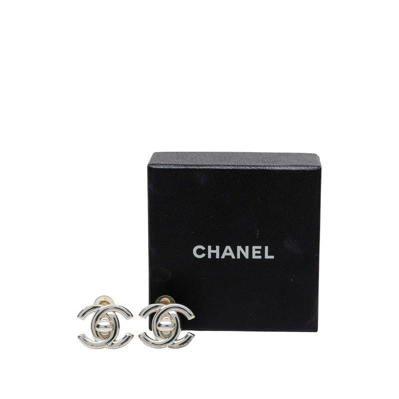 Chanel CC Logo Turnlock Vintage Earrings Silver Metal — view 4