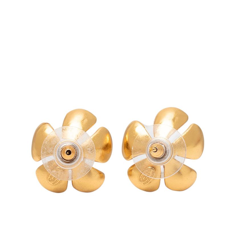Chanel CC Logo Stud Earrings Flower Gold Plated Faux Pearl — view 2