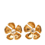 Chanel CC Logo Stud Earrings Flower Gold Plated Faux Pearl