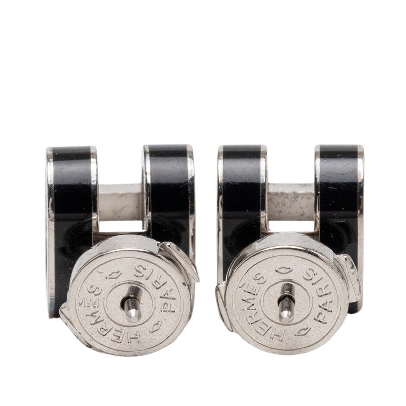 Hermes Mini Pop Stud Earrings Black Silver Metal — view 2