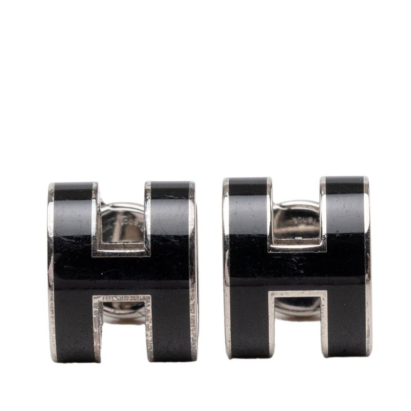 Hermes Mini Pop Stud Earrings Black Silver Metal