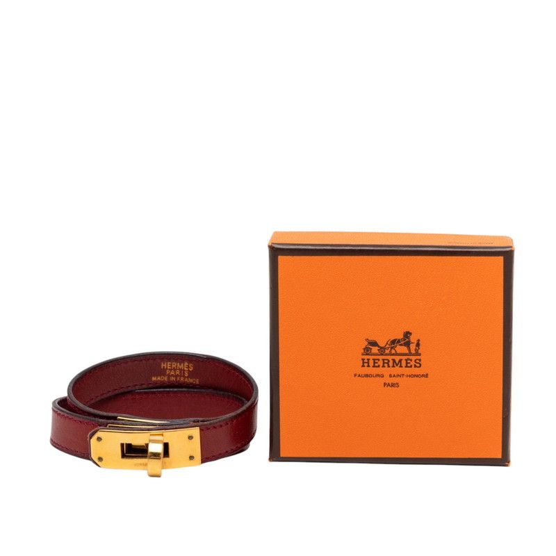 Hermes Kelly Double Tour Strand Bracelet Wine Red Gold Leather — view 8