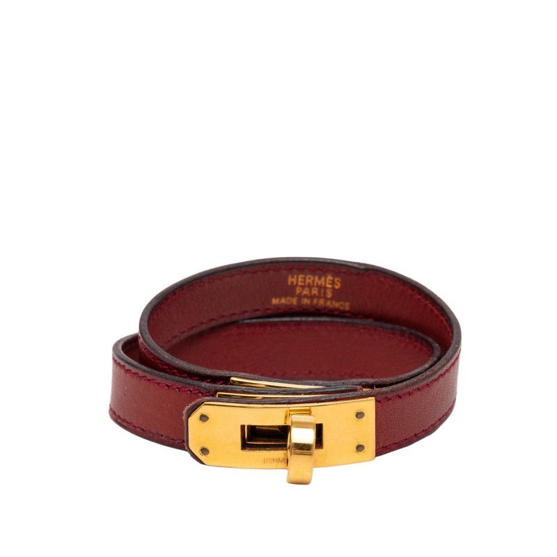 Hermes Kelly Double Tour Strand Bracelet Wine Red Gold Leather