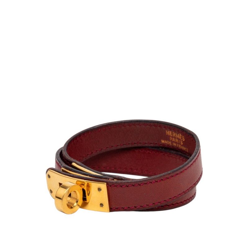 Hermes Kelly Double Tour Strand Bracelet Wine Red Gold Leather — view 2