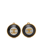 Chanel CC Logo Vintage Round Earrings Shell Gold Black Plated