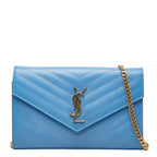 Saint Laurent Cassandra Envelope Chain Wallet Shoulder Bag Blue Gold Leather