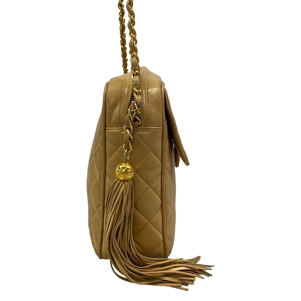 Chanel Shoulder Bag Quilted Beige Chain Gold Flap Pocket Tassel Lambskin — view 2