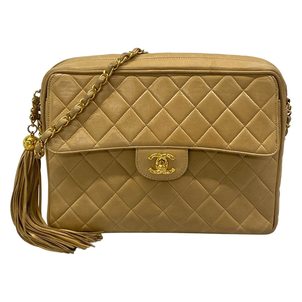Chanel Shoulder Bag Quilted Beige Chain Gold Flap Pocket Tassel Lambskin