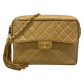Chanel Shoulder Bag Quilted Beige Chain Gold Flap Pocket Tassel Lambskin