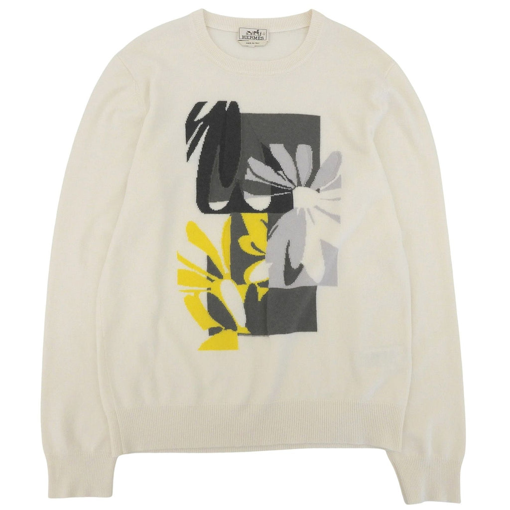 Hermes Cashmere Puzzle Floral Knit Sweater Ivory