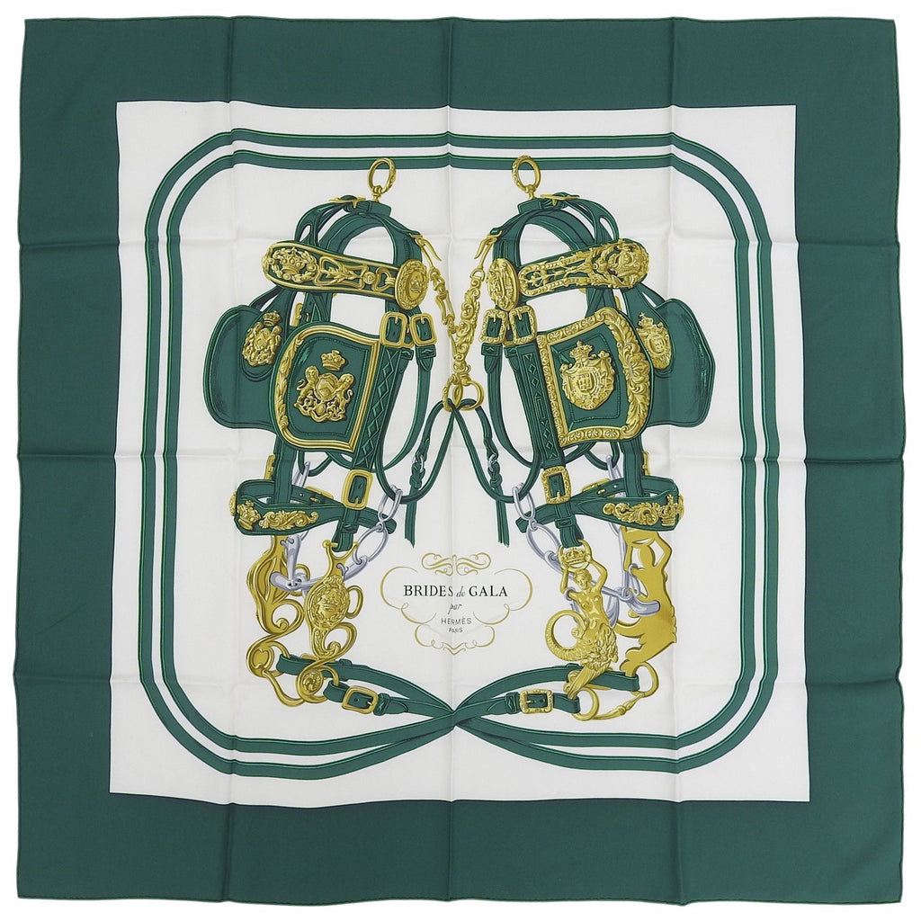 Hermes Carre 90 Brides de Gala Ceremonial Bridle Silk 100% Scarf Green Multi