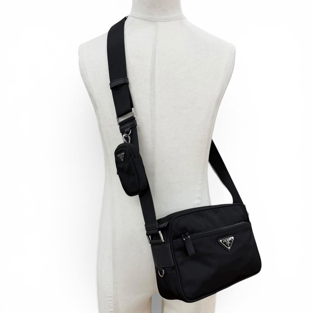 Prada Nylon Re-Nylon Triangle Logo Plate Shoulder Bag Black Silver — view 2