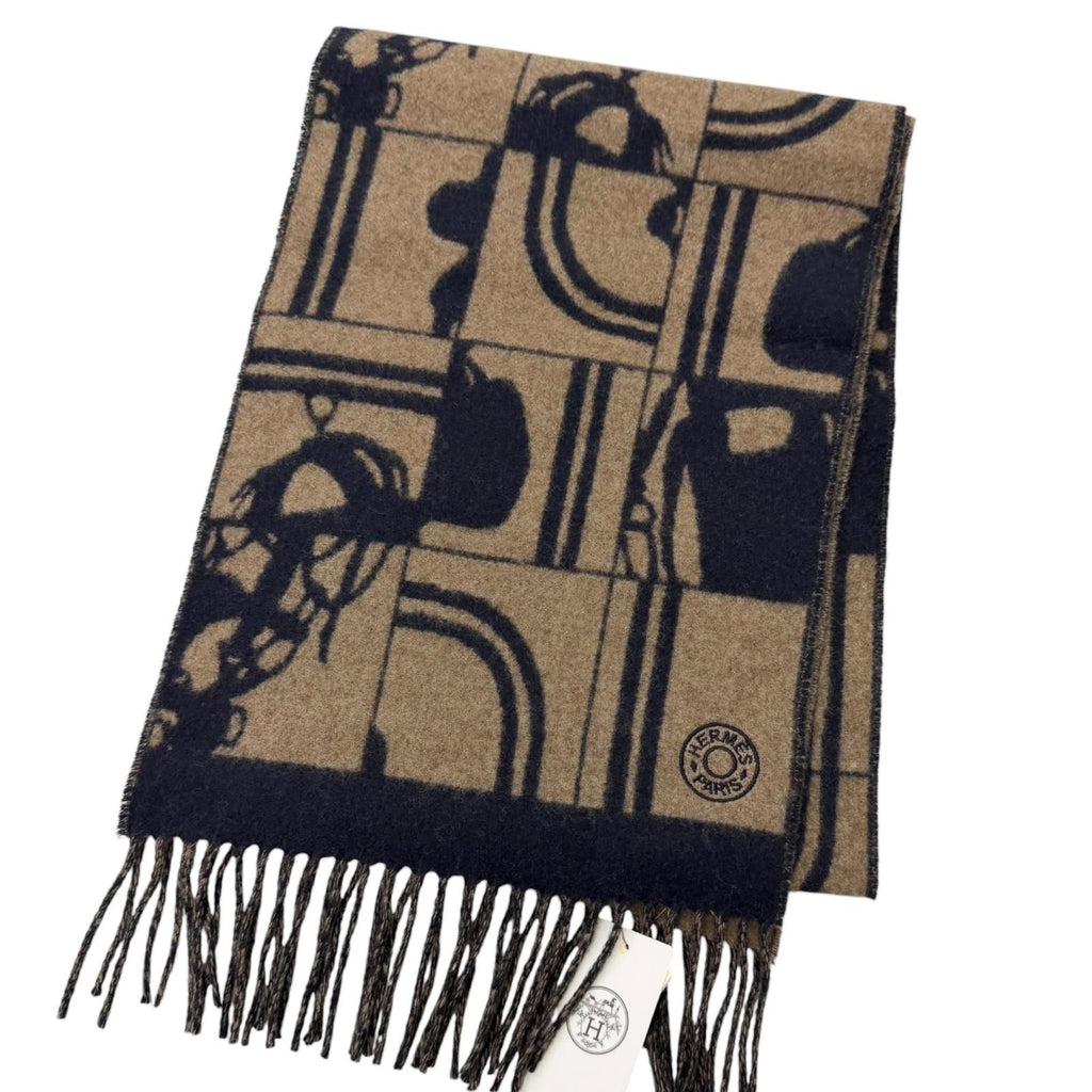 Hermes Brid Gala Cashmere Clou de Selle Embroidery Fringe Scarf Marine Etoupe