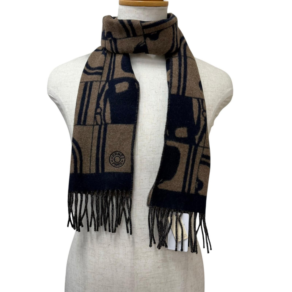 Hermes Brid Gala Cashmere Clou de Selle Embroidery Fringe Scarf Marine Etoupe — view 3