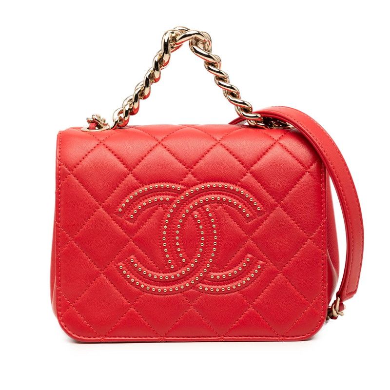 Chanel Quilted CC Logo Studded Chain Shoulder Bag Red Lambskin