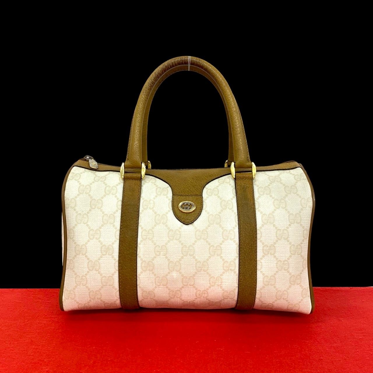 Gucci Vintage GG Logo Pattern Leather Mini Boston Bag White