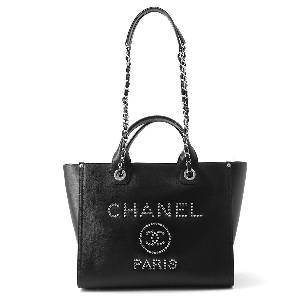 Chanel Tote Deauville Shopping CC Logo Studs Caviar Leather 2-Way Black