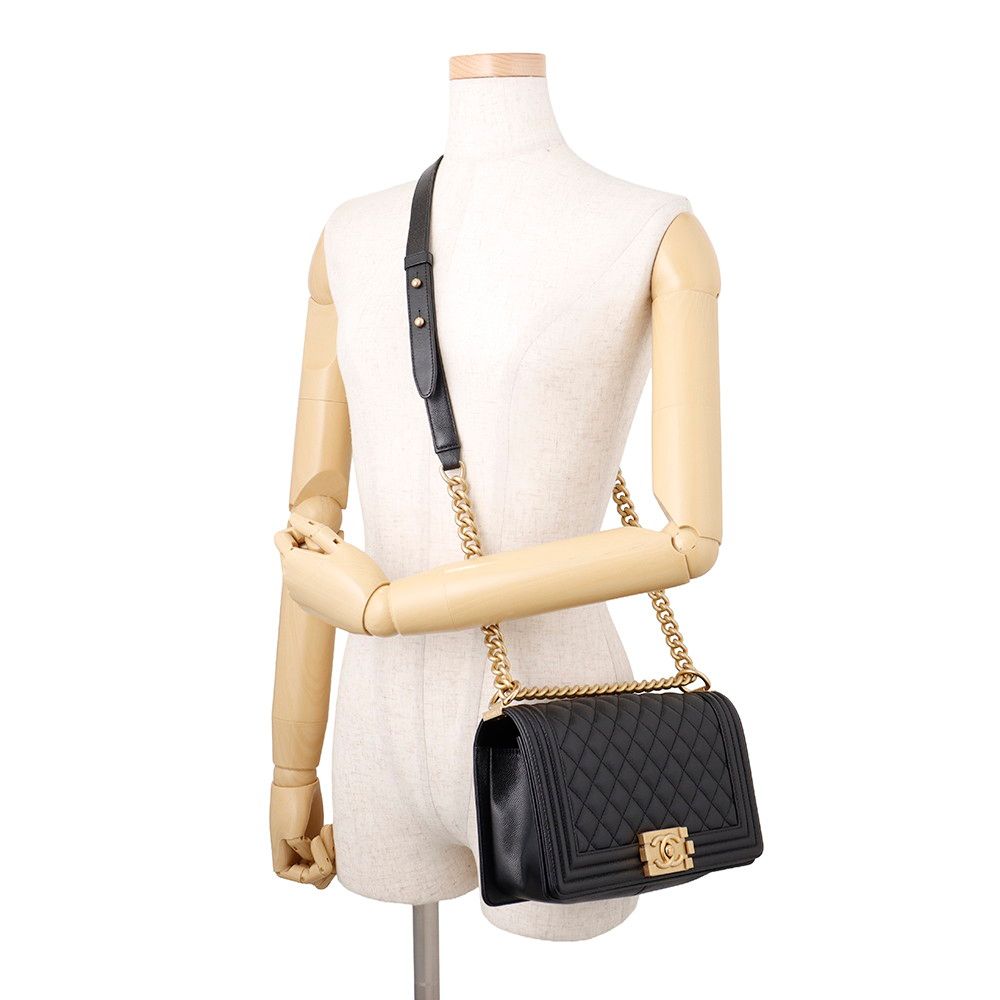 Chanel Chain Shoulder Bag Quilted CC Logo Boy Caviar Leather Black — view 5