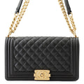 Chanel Chain Shoulder Bag Quilted CC Logo Boy Caviar Leather Black
