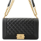 Chanel Chain Shoulder Bag Quilted CC Logo Boy Caviar Leather Black