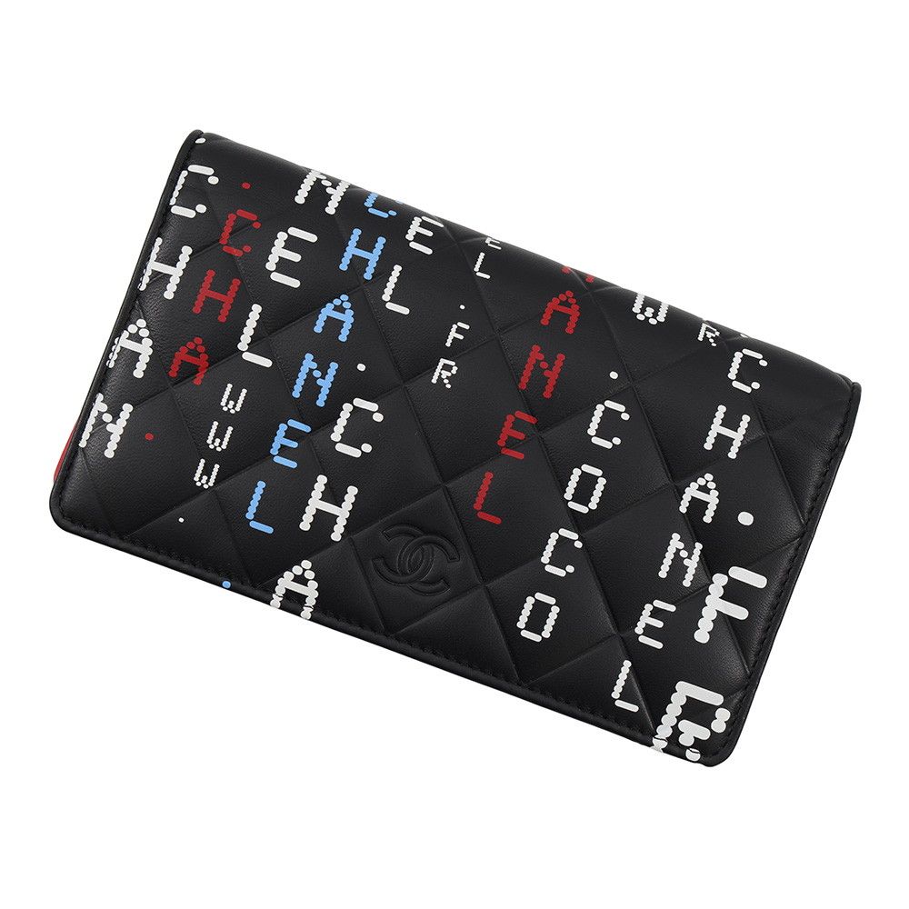 Chanel Wallet Typography Quilted CC Logo Bifold Leather Black