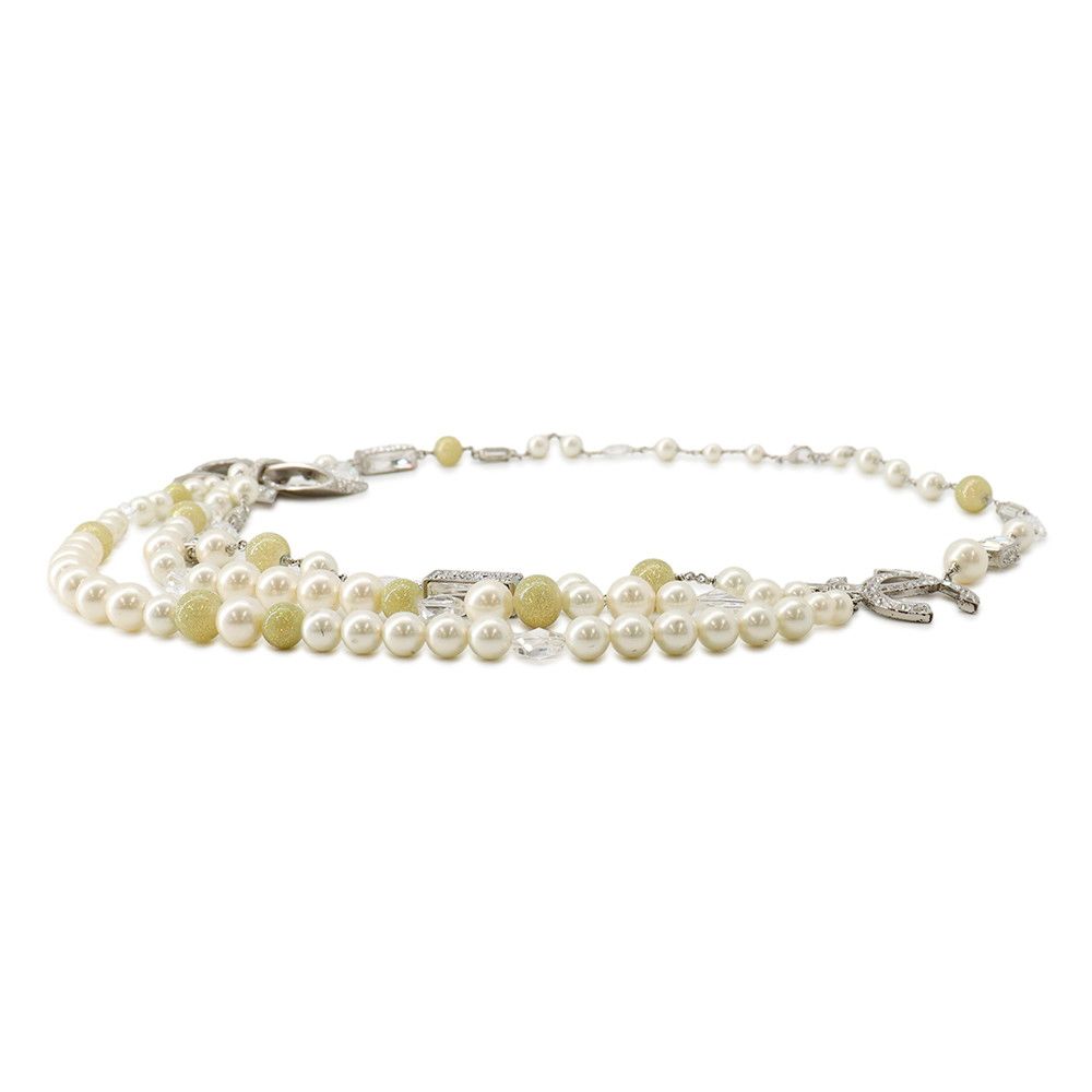 Chanel Necklace CC Logo Ribbon Motif Rhinestone Faux Pearl 08 — view 2