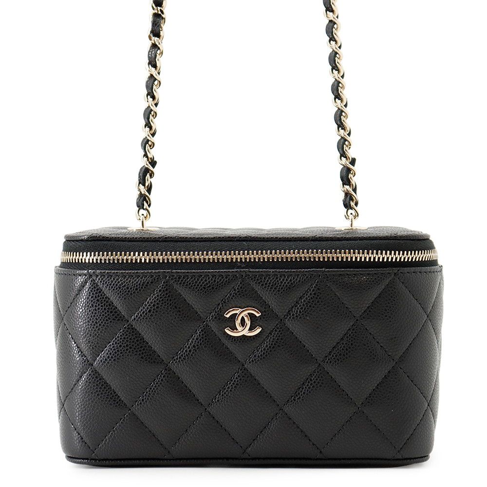 Chanel Chain Shoulder Bag Vanity Case CC Logo Quilted Caviar Leather Black