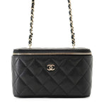 Chanel Chain Shoulder Bag Vanity Case CC Logo Quilted Caviar Leather Black