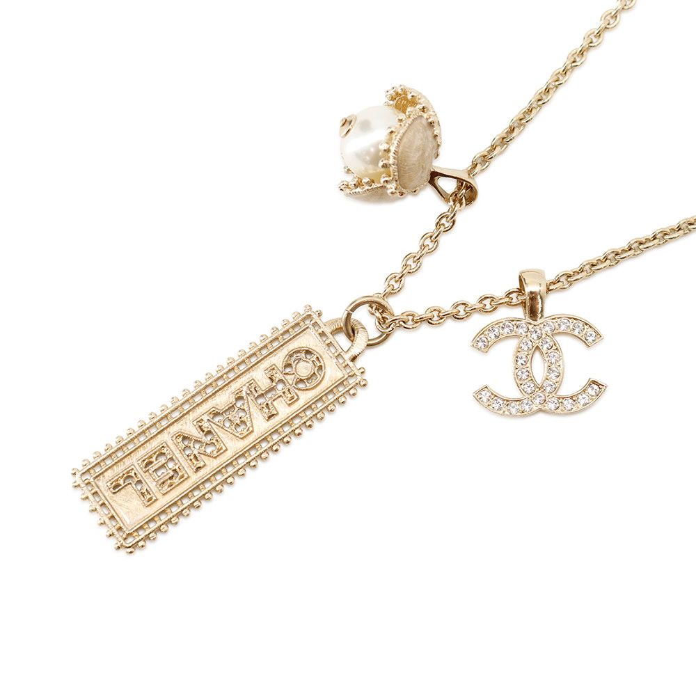 Chanel Necklace CC Logo Rhinestone Faux Pearl