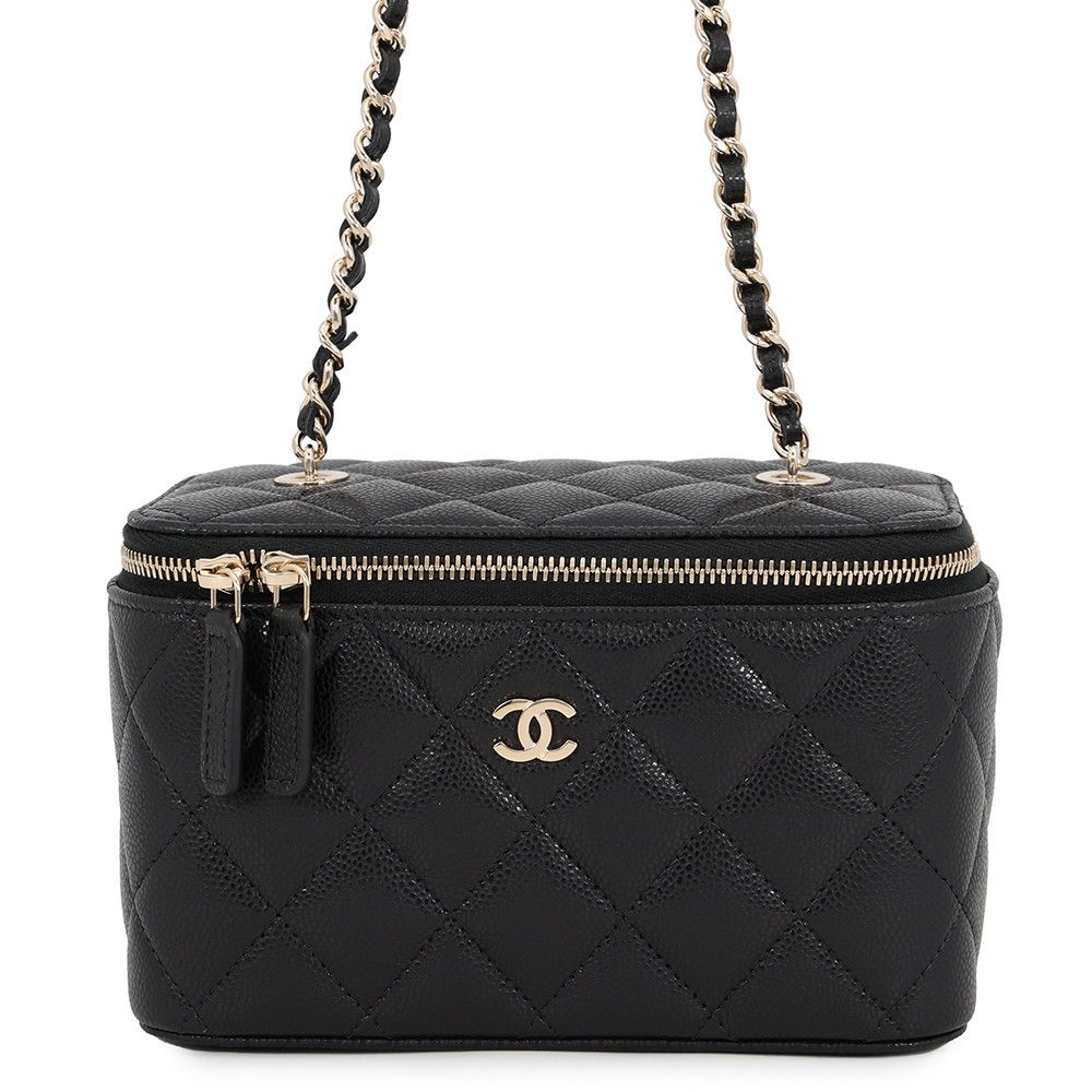Chanel Chain Shoulder Bag Vanity Case CC Logo Quilted Caviar Leather Black