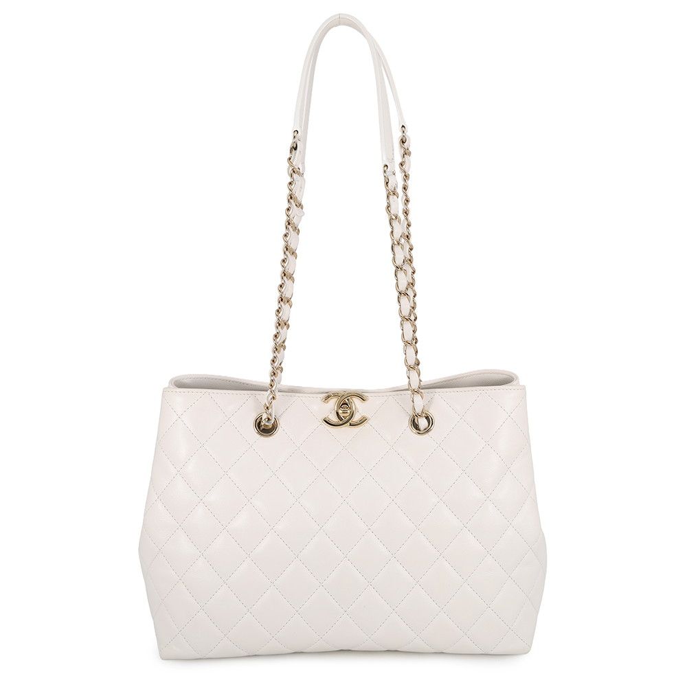 Chanel Chain Tote Quilted CC Logo Shopping Caviar Leather White