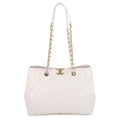 Chanel Chain Tote Quilted CC Logo Shopping Caviar Leather White