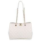 Chanel Chain Tote Quilted CC Logo Shopping Caviar Leather White