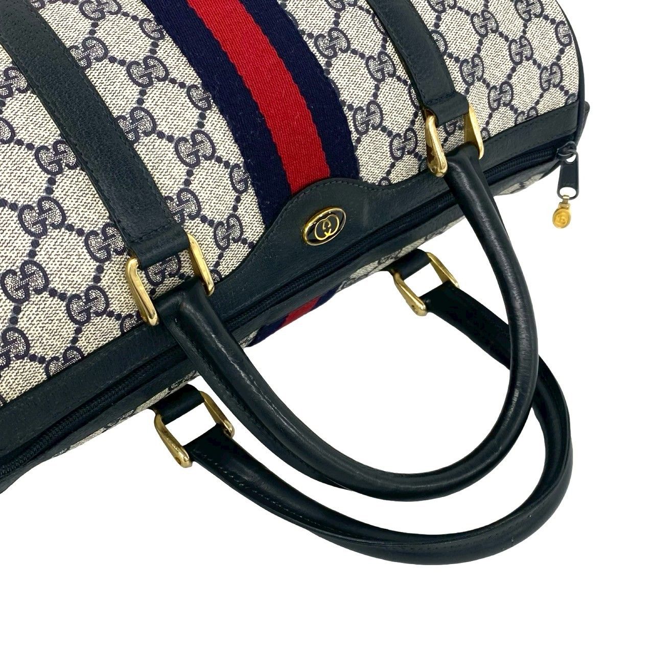 Gucci Vintage Sherry Line GG Logo Pattern Leather Mini Boston Bag Navy — view 4