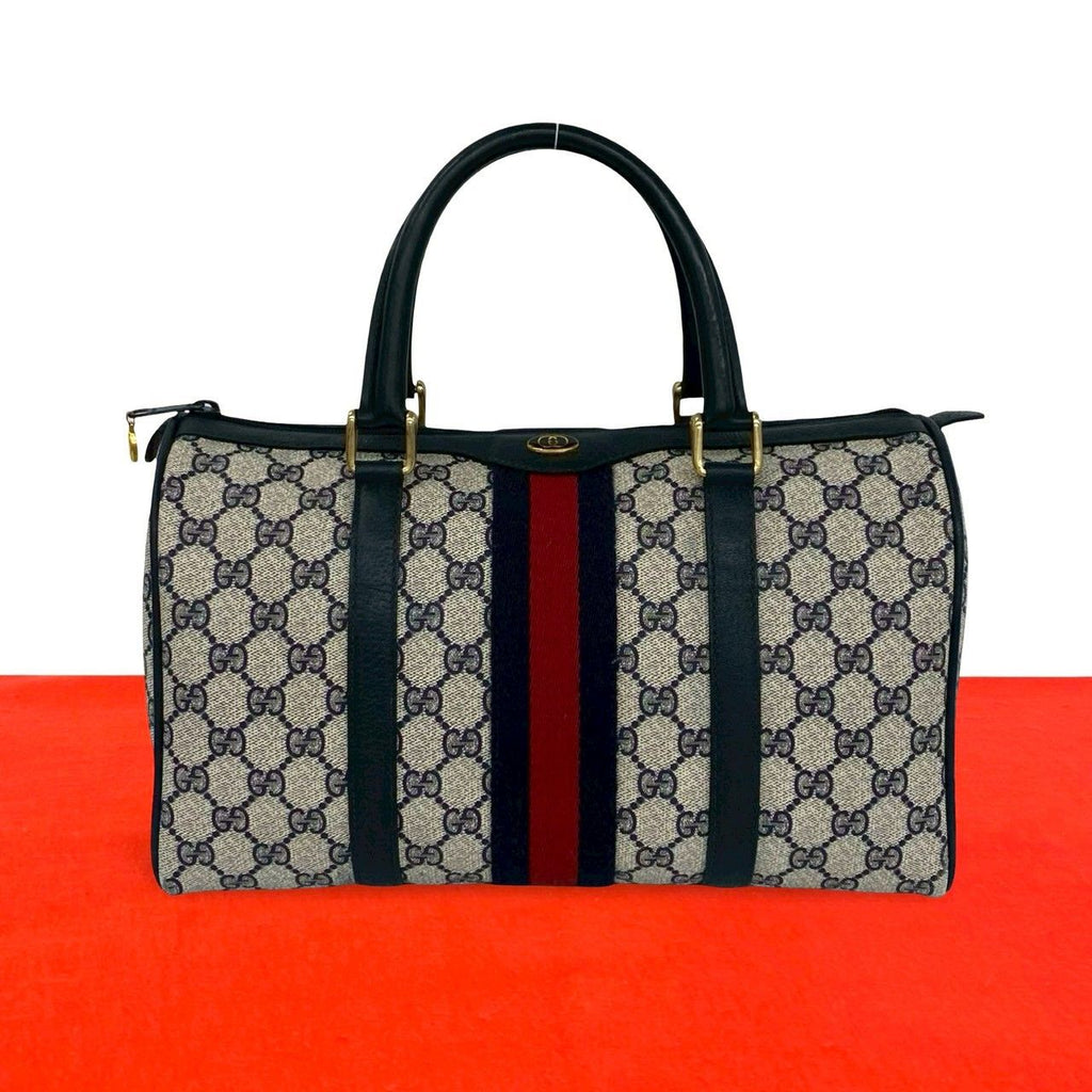 Gucci Vintage Sherry Line GG Logo Pattern Leather Mini Boston Bag Navy