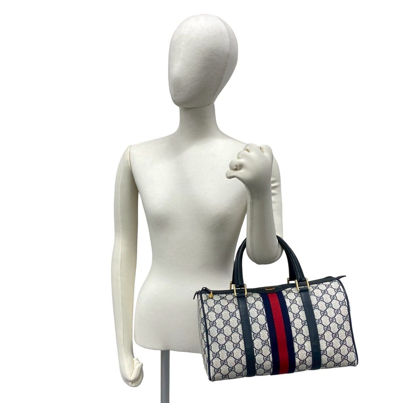 Gucci Vintage Sherry Line GG Logo Pattern Leather Mini Boston Bag Navy — view 2