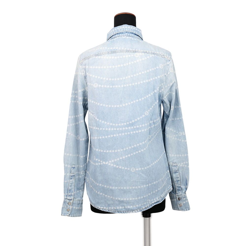 Chanel Denim Shirt Pearl Print Cotton 36 Top CC Logo — view 2