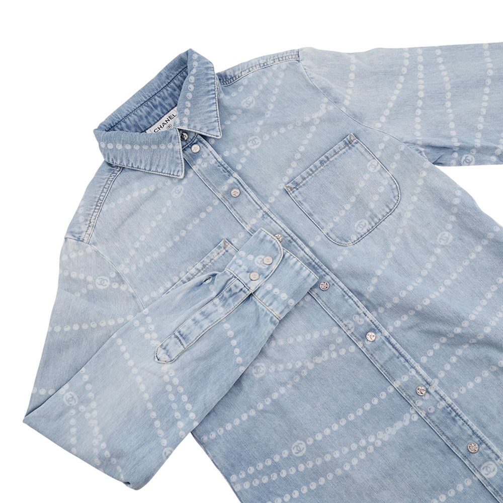 Chanel Denim Shirt Pearl Print Cotton 36 Top CC Logo — view 3