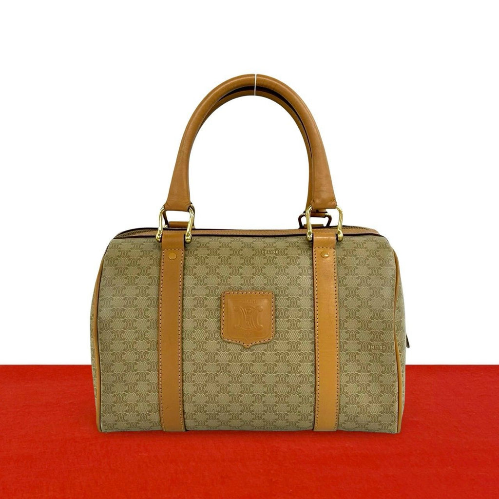 Celine Vintage Macadam Blason Pattern Leather Boston Bag Beige Brown