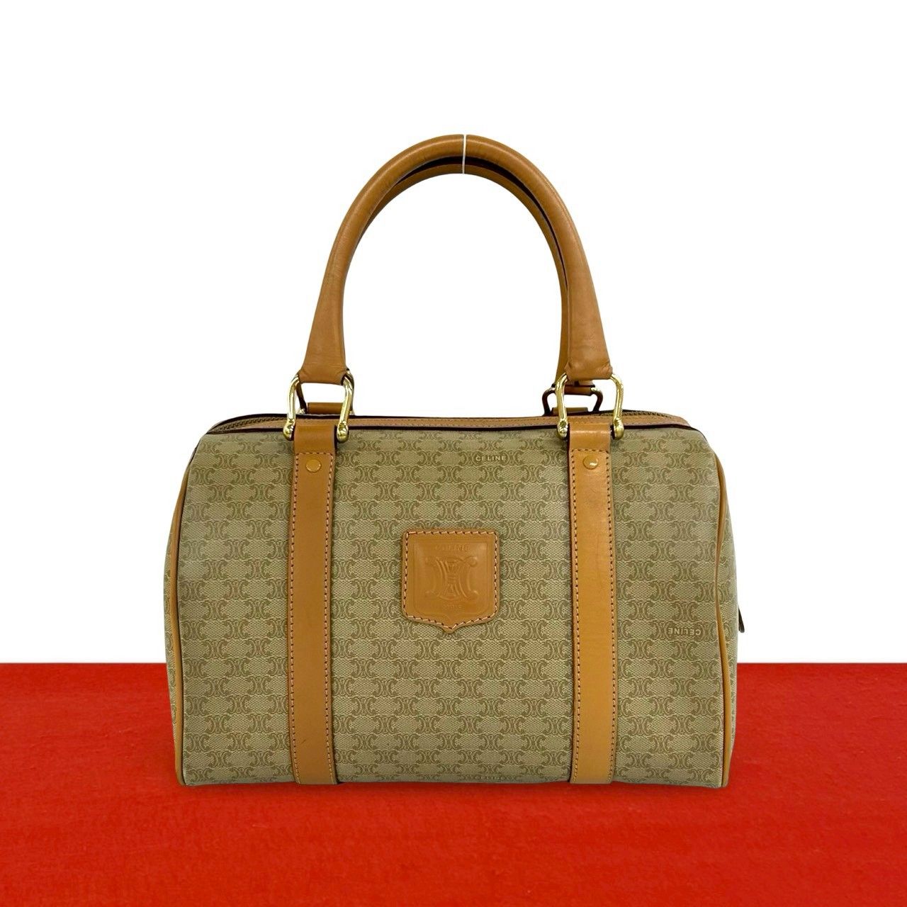Celine Vintage Macadam Blason Pattern Leather Boston Bag Beige Brown