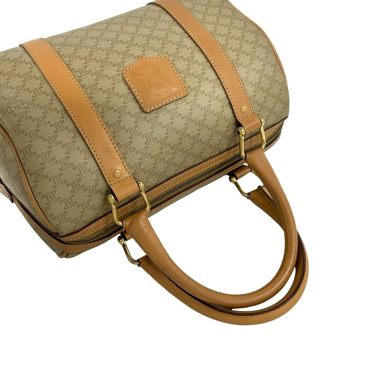 Celine Vintage Macadam Blason Pattern Leather Boston Bag Beige Brown — view 4