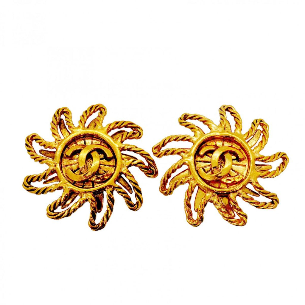 Chanel Earrings Vintage CC Logo Sun Motif Gold Plated