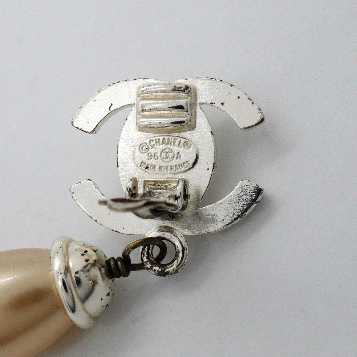 Chanel Earrings Vintage CC Logo Turnlock Metal Faux Pearl Rhinestone Silver — view 4
