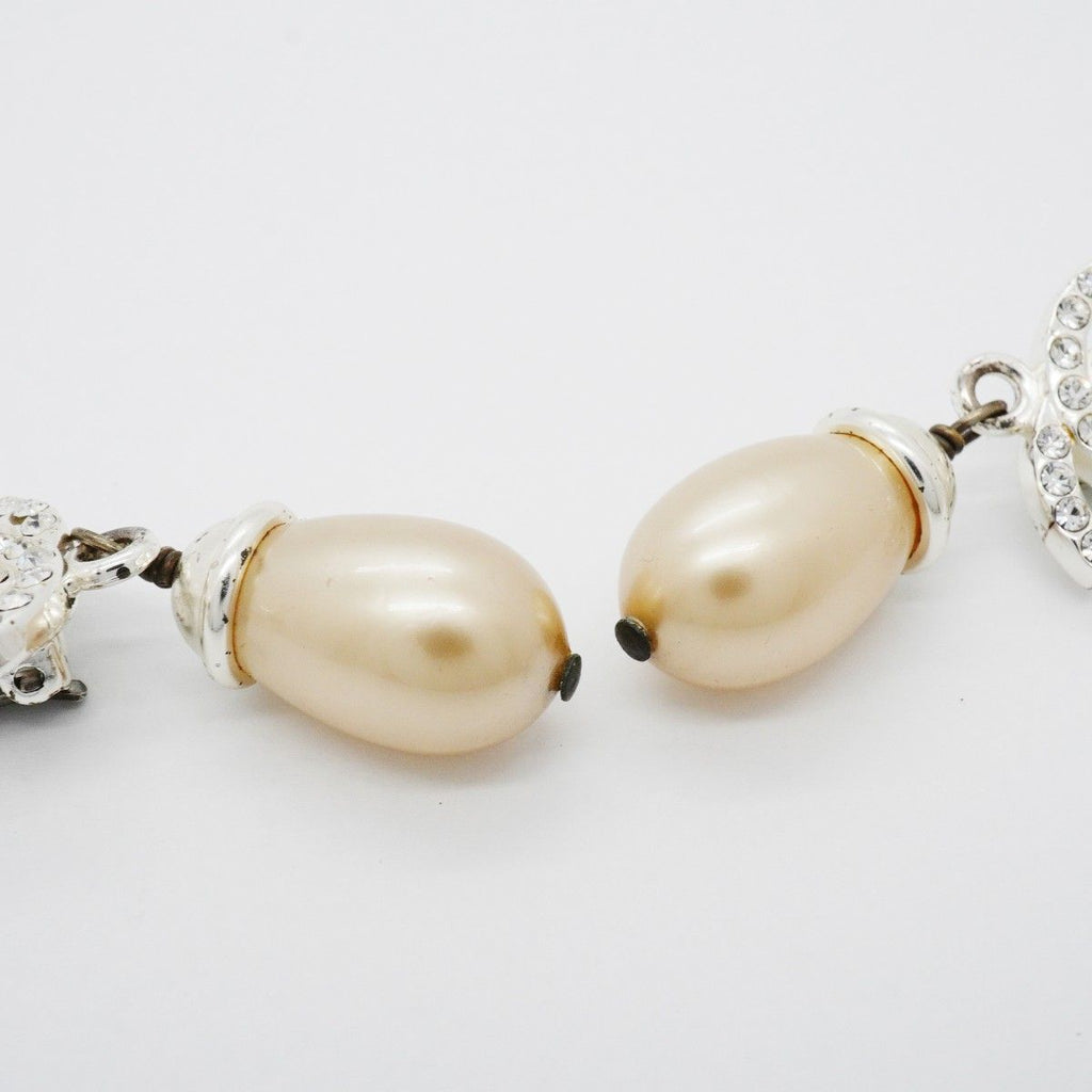 Chanel Earrings Vintage CC Logo Turnlock Metal Faux Pearl Rhinestone Silver — view 6