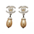 Chanel Earrings Vintage CC Logo Turnlock Metal Faux Pearl Rhinestone Silver