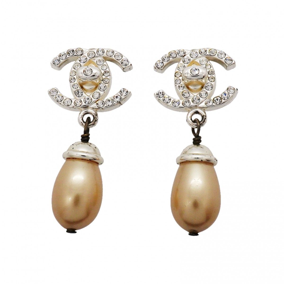 Chanel Earrings Vintage CC Logo Turnlock Metal Faux Pearl Rhinestone Silver