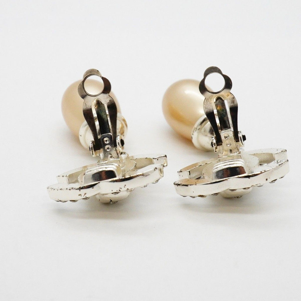Chanel Earrings Vintage CC Logo Turnlock Metal Faux Pearl Rhinestone Silver — view 7