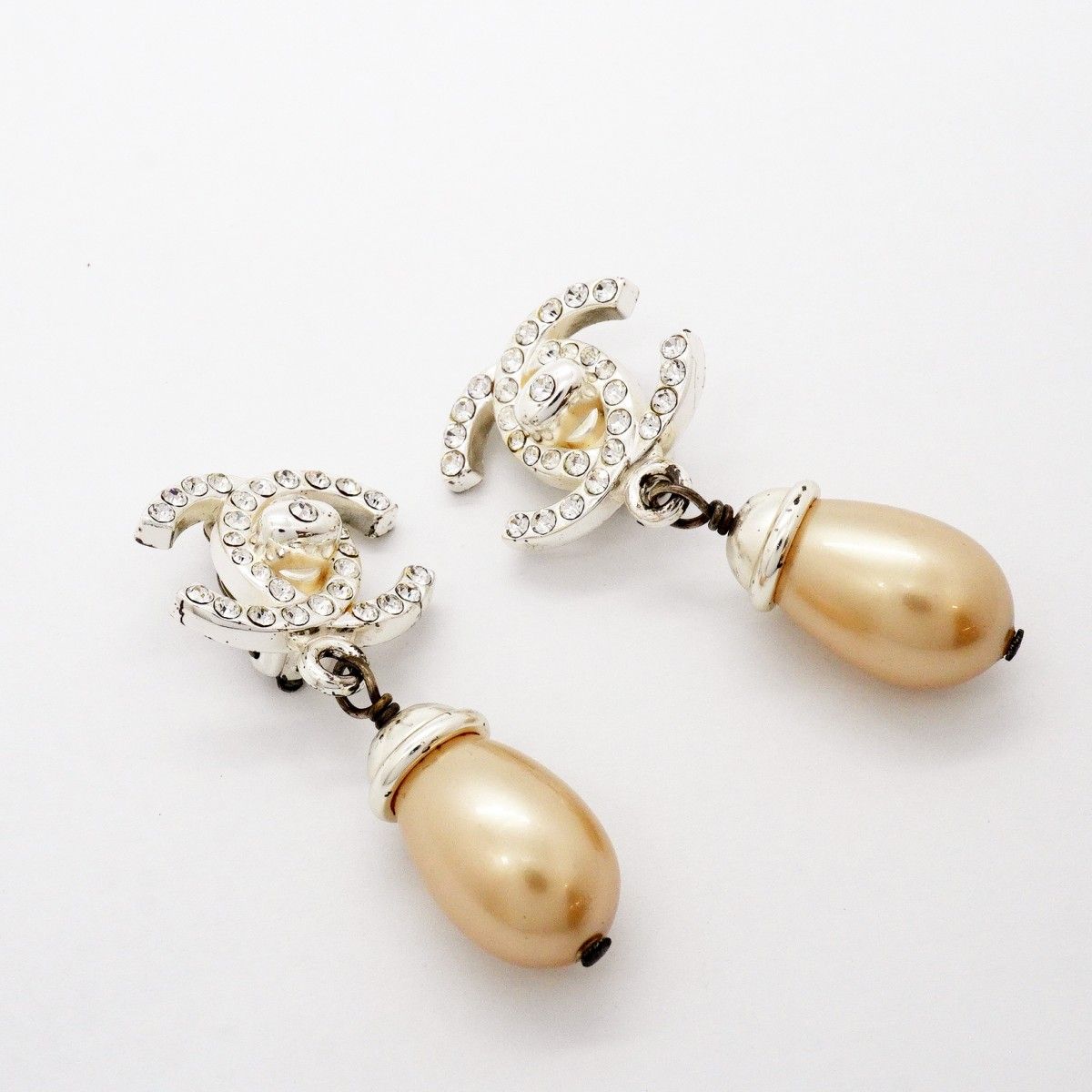Chanel Earrings Vintage CC Logo Turnlock Metal Faux Pearl Rhinestone Silver — view 2
