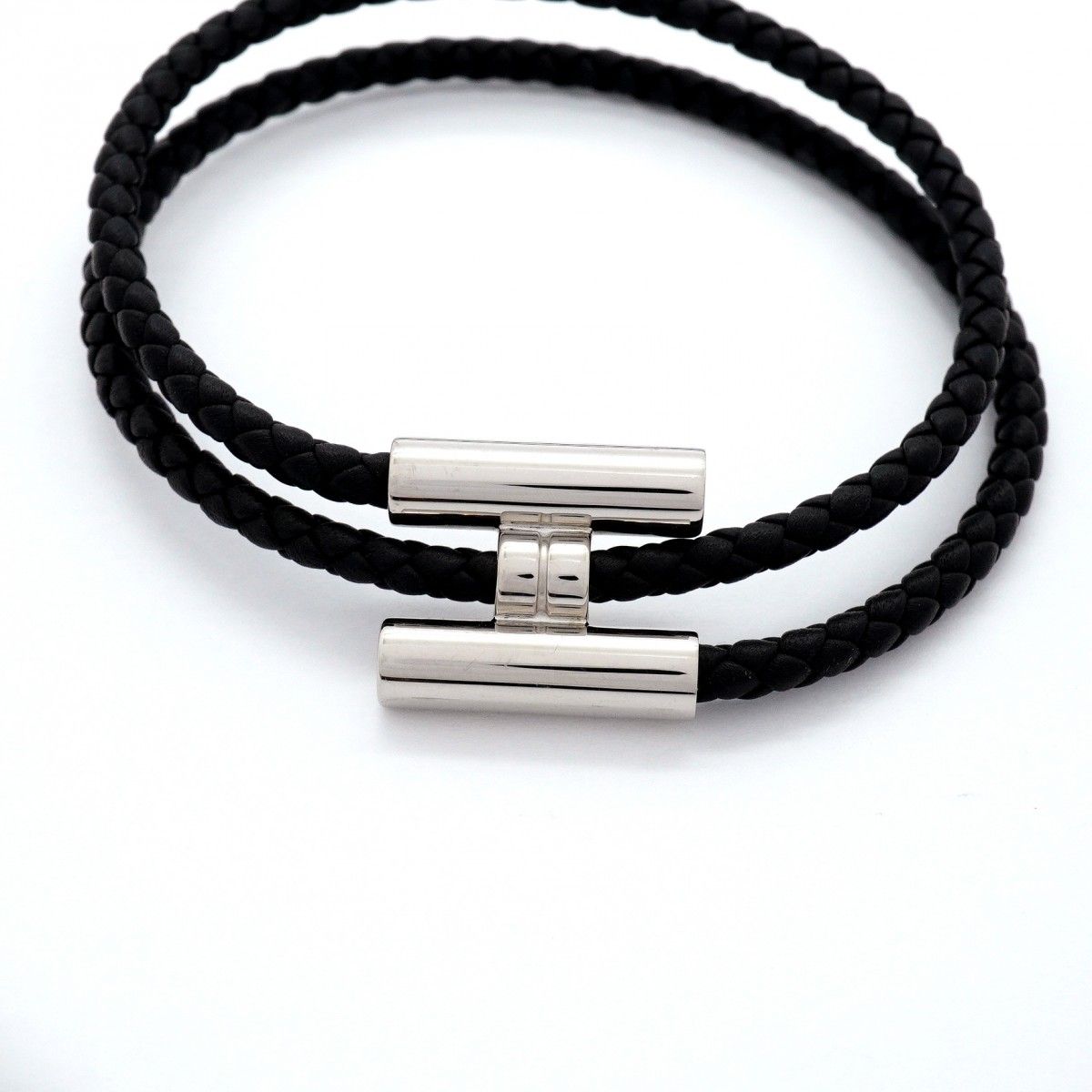 Hermes Bracelet Tourni Metal Leather Silver Black — view 4